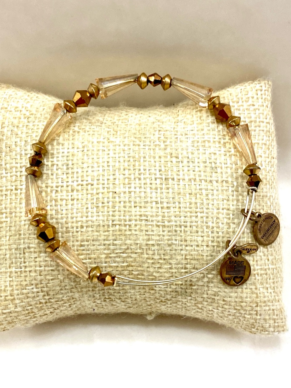 Alex and Ani Champagne Crystal Trumpet Bugle Bead Wire Bangle Bracelet Gold